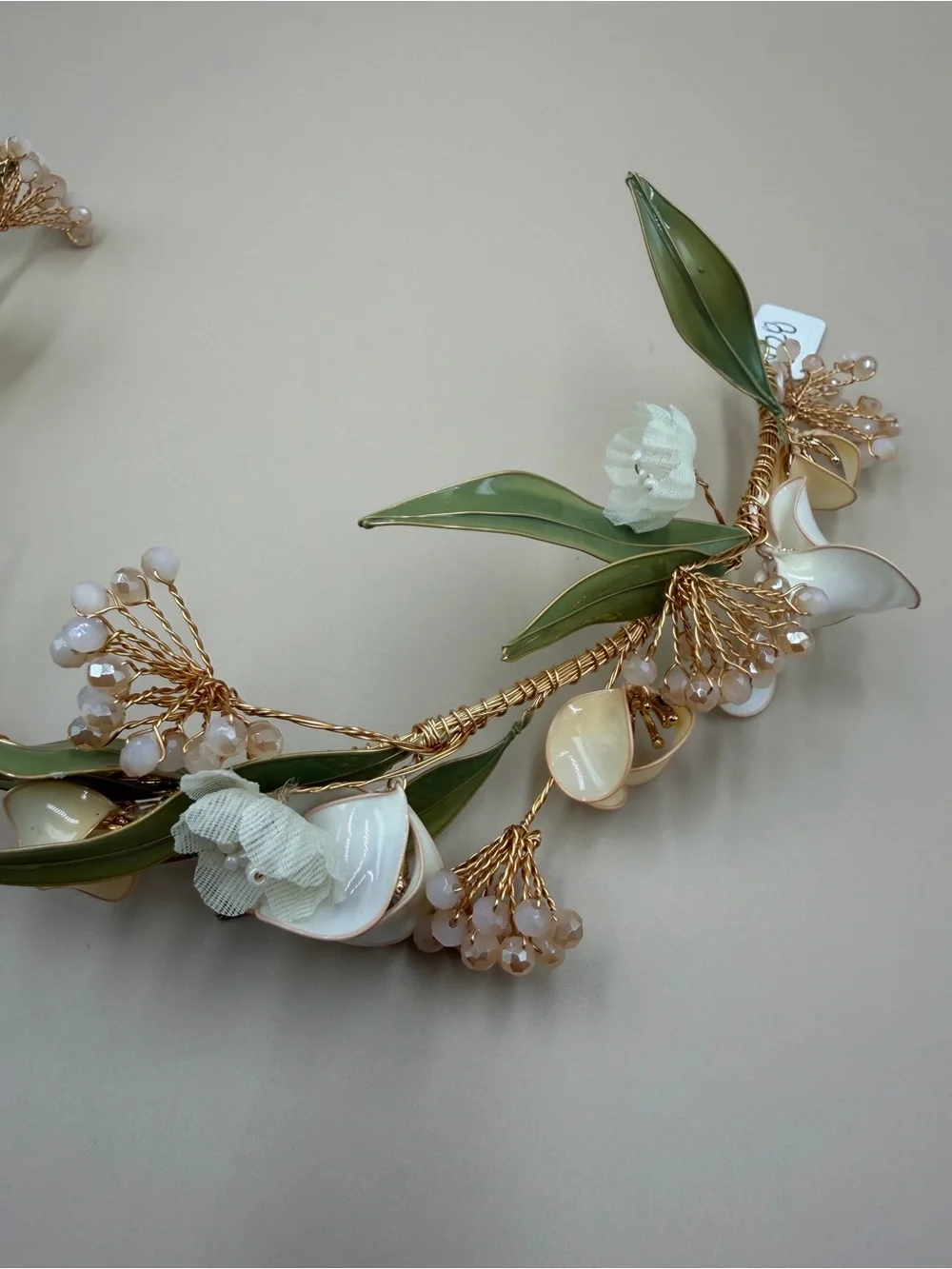Boho Floral Bridal Crown Gold Green Leaf Wedding Hair Vine Headpiece
